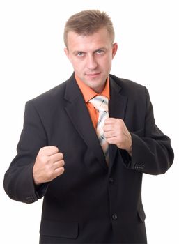 Boxing businessman. The young man in standing position on a white background