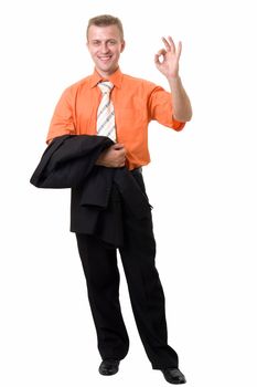 smiling businessman with O.K. on a white background