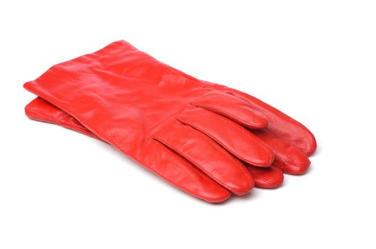 A pair of red leather gloves on white background.