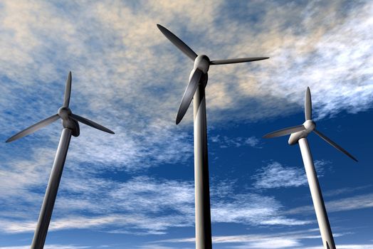 An illustration of wind power generators against a partly cloudy sky.