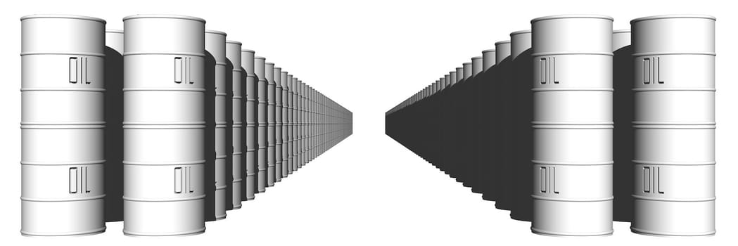 An illustration of rows of oil barrels.