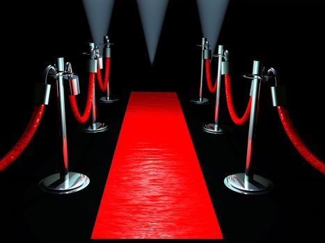 A red carpet with stanchions and spot lights.