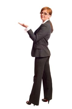 redhead Business woman wearing grey suit isolated on white