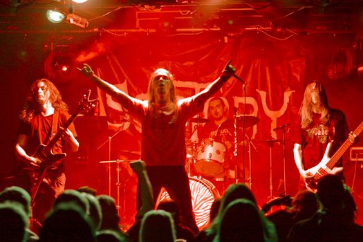 Death metal artists on stage singing, St. Petersburg, Russia, 28 june 2008, band called "Septory" 