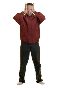 Full body view of a young man experiencing anxiety, isolated on a white background