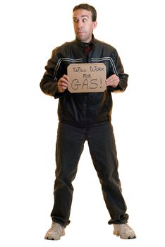 A young male beggar holding a sign, isolated on a white background