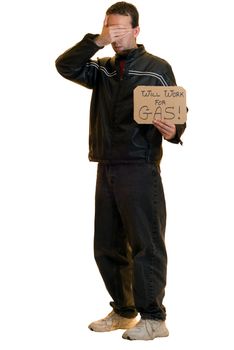 A shy beggar covering his eyes and holding a sign, isolated on a white background