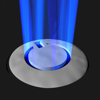 An electronic device’s power button glowing blue