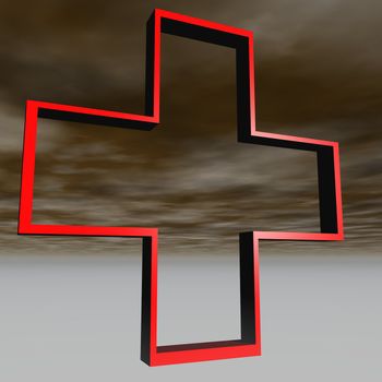 An illustration of a red cross on a stormy background.