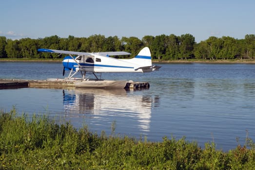 A small water plane tied to the dock on a river