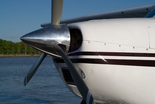 Closeup view of a single engile airplane propeller
