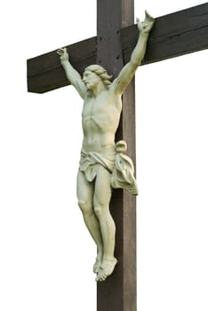 A statue of jesus on a cross, isolated against a white background