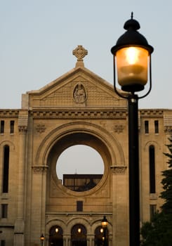 Exterior view of a monastery shot during the evening