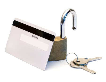 Back of a bank card with an open padlock isolated on a white background