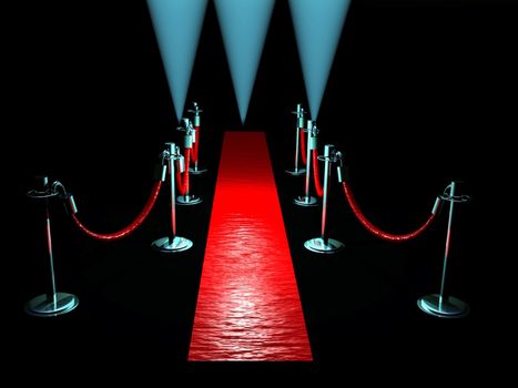 A red carpet with stanchions and spot lights.