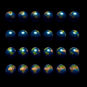 An image of multiple earths rotating in 15 degree increments and viewed from the equator.