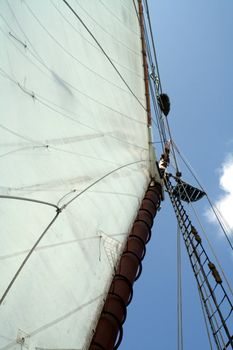 A view looking up the mast of a sailboat.