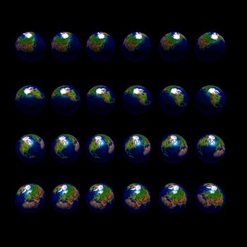 An image of multiple earths rotating in 15 degree increments and viewed from a southerly latitude.