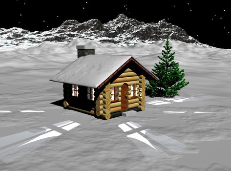 A lone log home sitting on a blanket of snow with a Christmas tree.
