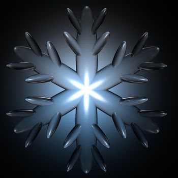 A close up illustration of a snow flake with a blue glowing background.