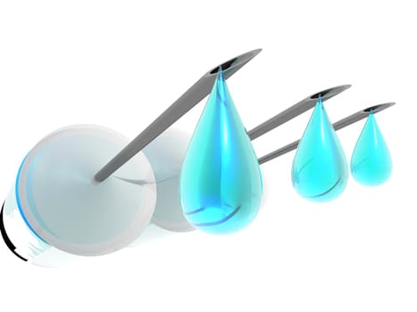 Illustration of three syringes with a drop of a blue drug dripping from each of them.