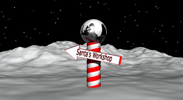 Illustration of the North Pole with directions to Santa’s workshop.