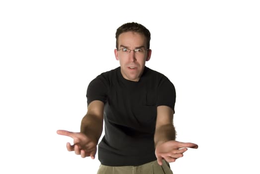 A young man with his arms stretched out and an impatient look on his face, isolated against a white background