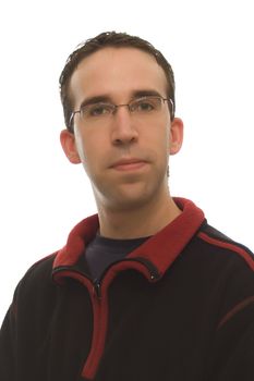 A portrait of a young guy wearing a black sweatshirt isolated against a white background