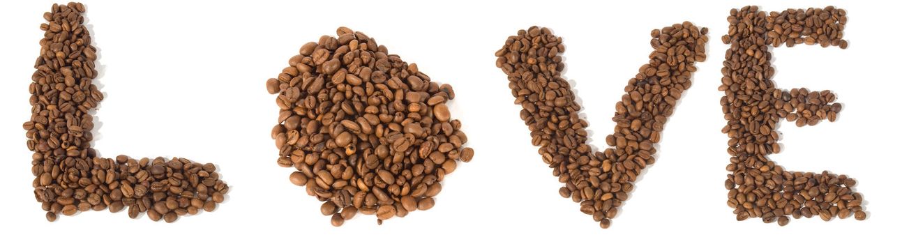 Assorted piles of coffee beans spelling the word LOVE, isolated on white