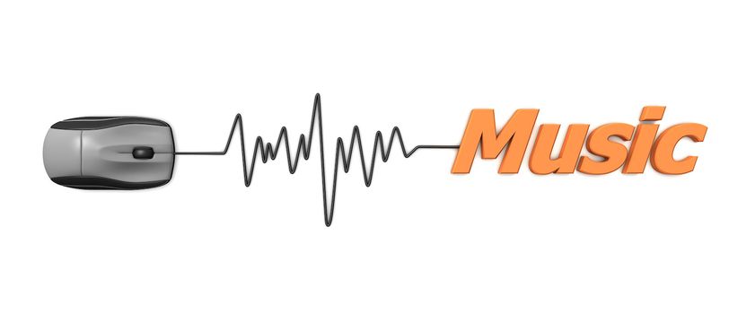 black computer mouse connected to the orange word music via sine waveform cable