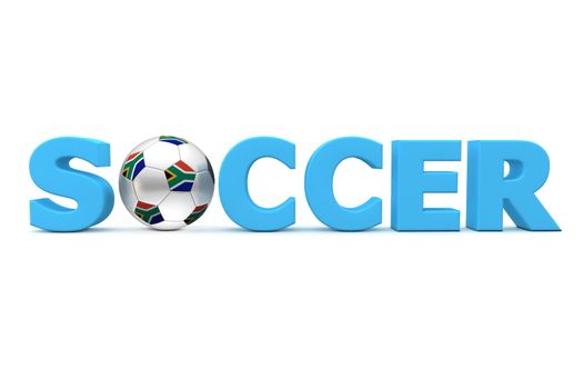 blue word Soccer with football/soccer ball replacing letter O - south african flag on the ball
