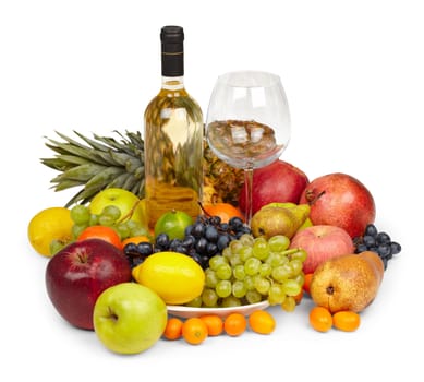 Still Life from a heap of fruits and bottle of white wine isolated on white background