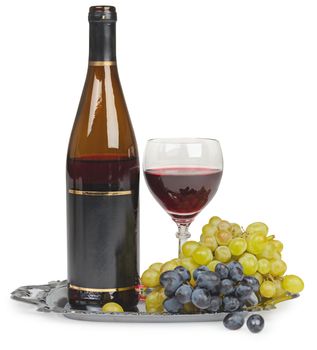Still life of bottle of wine glass and grapes isolated on white background
