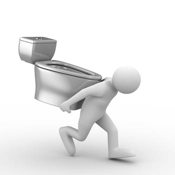 men carry toilet bowl on back. Isolated 3D image