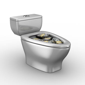 Toilet bowl full of money. Isolated 3D image