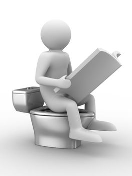 man sits on toilet bowl with magazine. Isolated 3D image