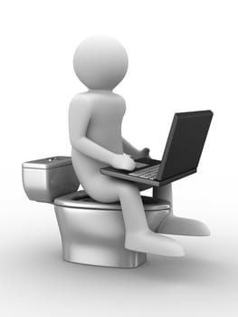 man sits on toilet bowl with laptop. Isolated 3D image