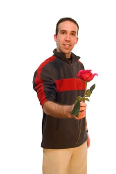 Young male holding a red rose, isolated against a white background