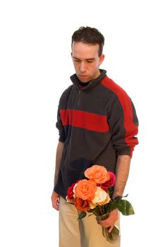 Male Holding a Vase of Flowers, isolated against a white background