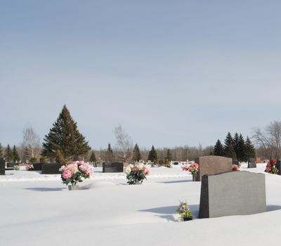 A small graveyard in the middle of winter, with snow on the ground