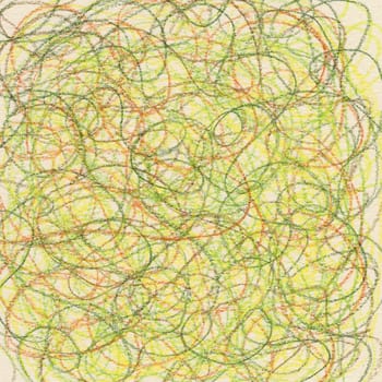hand-drawn crayon circular scribble in green, red and yellow colors on ivory paper background