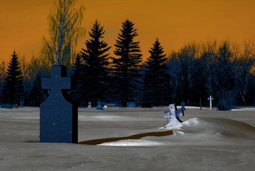 A graveyard at night with some light fog in the air