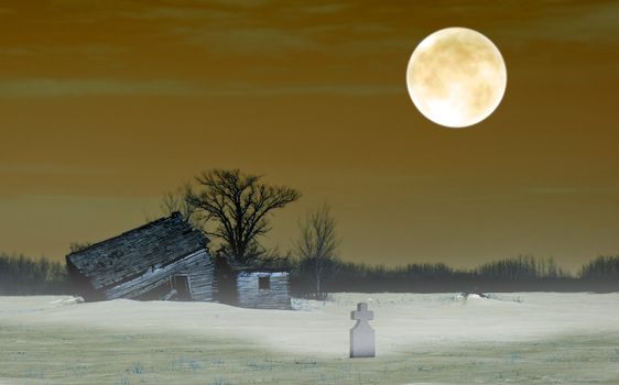 A haunted house in october with a grave and a full moon
