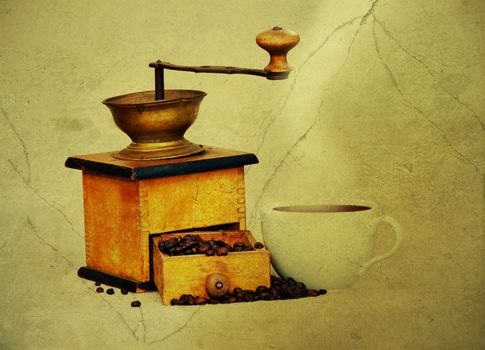 Antique coffee grinder with coffee beans and cup of hot black coffee