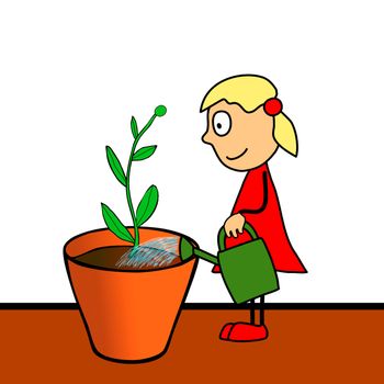 Hand cartoon drawing - adorable little girl cultivating flower