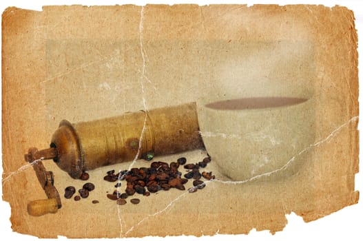 Antique coffee grinder with coffee beans  in grunge style