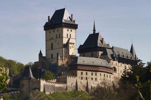 Karlstejn - large Gothic castle founded 1348 by Charles IV. Karlstejn, Czech republic, Europe.