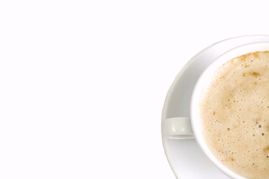 clean white background with capuccino cup right, isolated, copy space