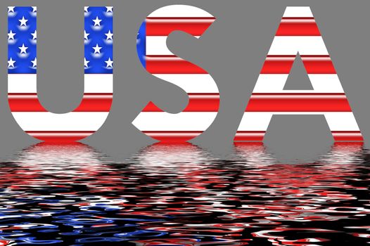 usa word with flag background and reflection