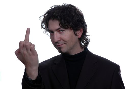 A businessman in a suit giving the finger